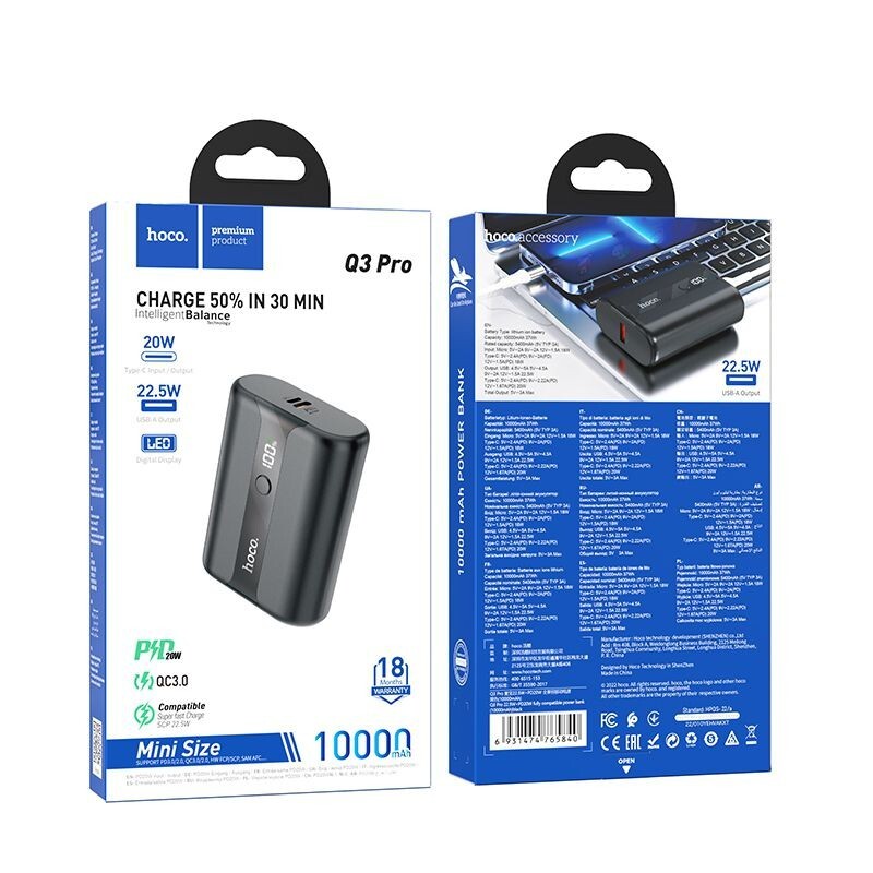 Hoco Q3 Pro Mini Size Quick Charge LED PD20W 22.5W Power Bank 10000mAh - Black