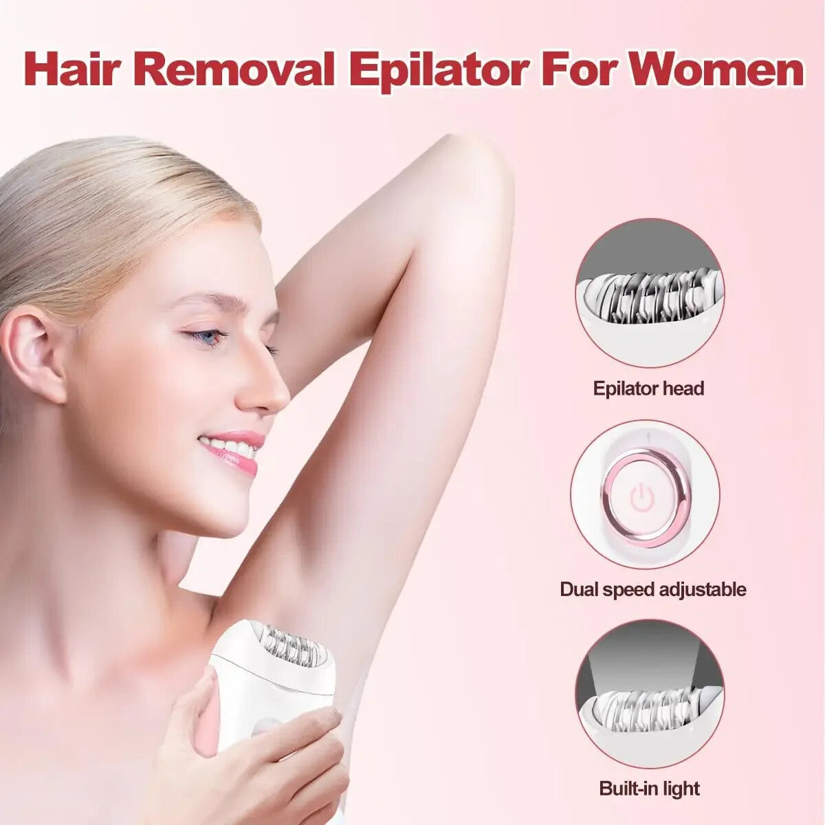 Electric Epilator for Legs, Body, Armpits, with 2 Speeds and Adjustment