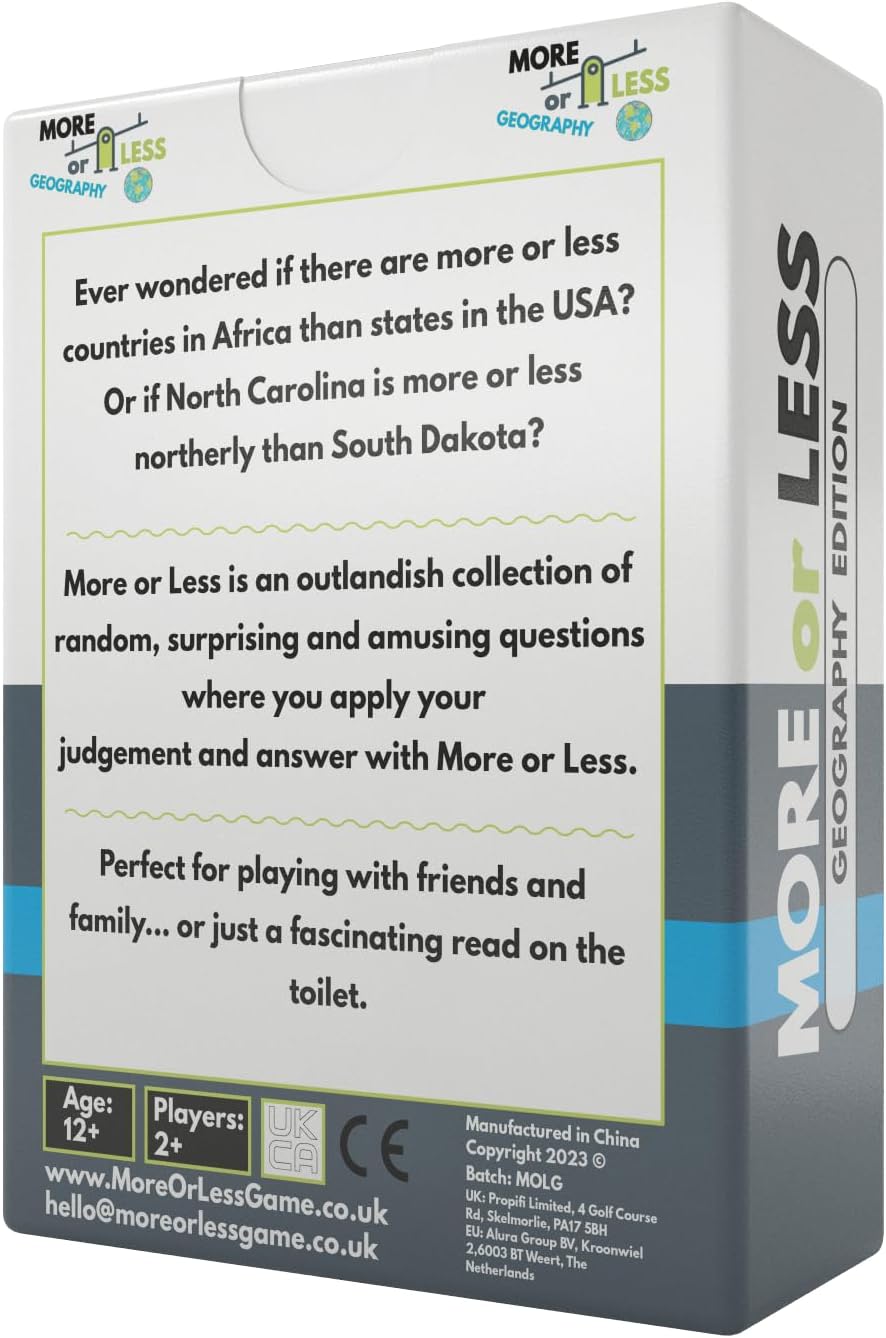 More or Less: Geography Edition Card Game - How Good Is Your Judgement? 2 Player+ | Family Fun Guessing Game for all Adults & Kids Aged 14 for a Christmas Party or Secret Santa