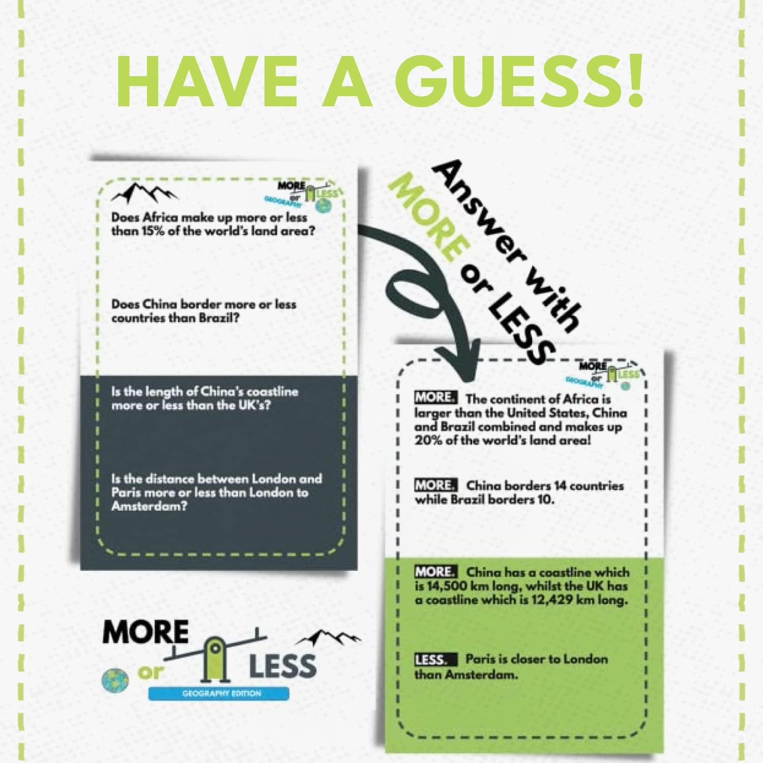 More or Less: Geography Edition Card Game - How Good Is Your Judgement? 2 Player+ | Family Fun Guessing Game for all Adults & Kids Aged 14 for a Christmas Party or Secret Santa