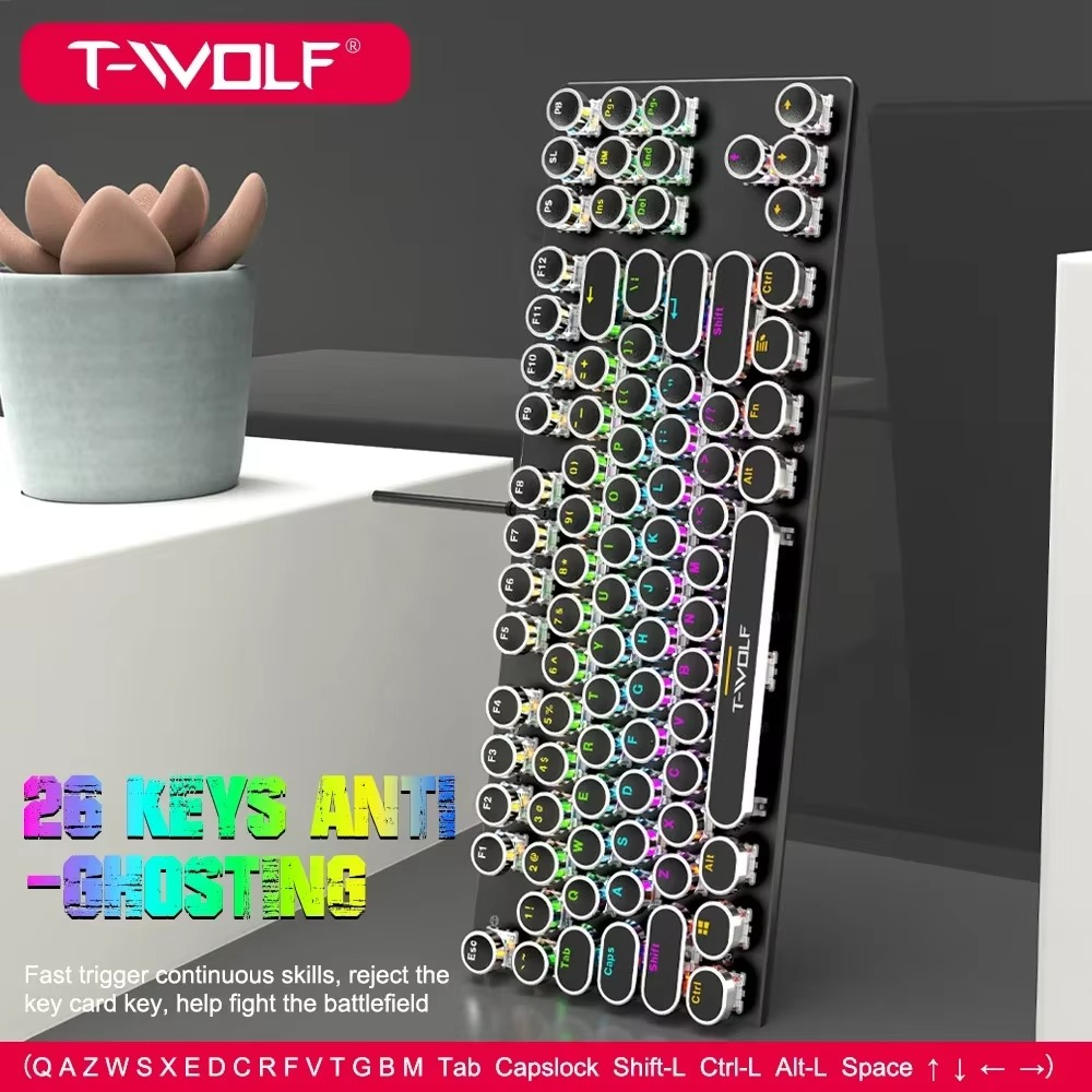 T-WOLF T75 104 Keys Adjustable RGB Light Computer Game Wired Mechanical Keyboard