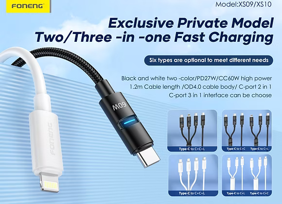 Foneng XS10 1.2M C To C+C+L (60W) Cable