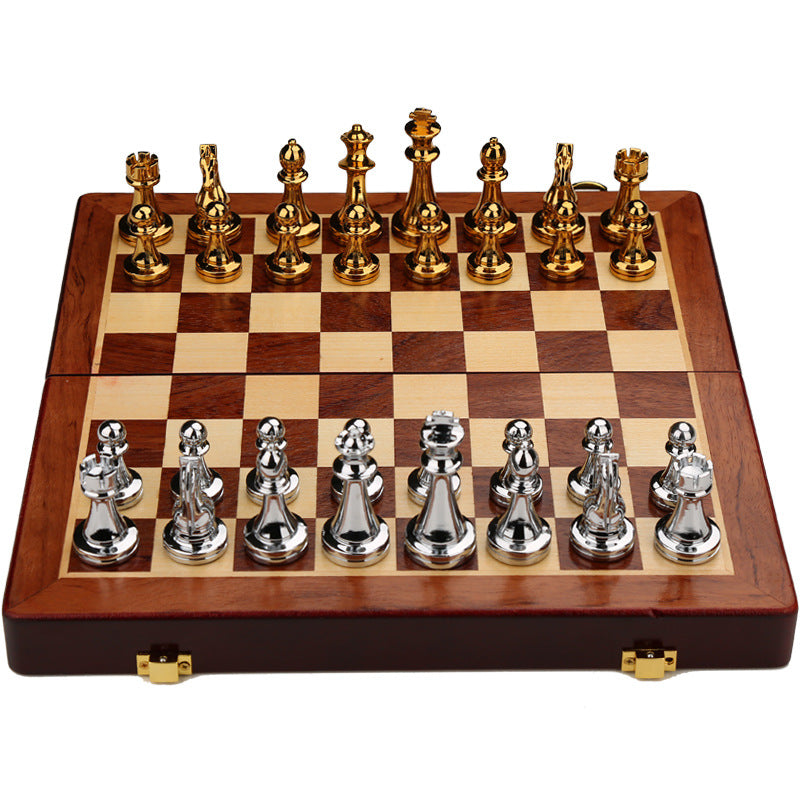 Metal Chess Set High-grade Gift Travel International Chess Game Folding Wooden Mold Chessboard Kirsite Chess Pieces Chessman -Gold Silver