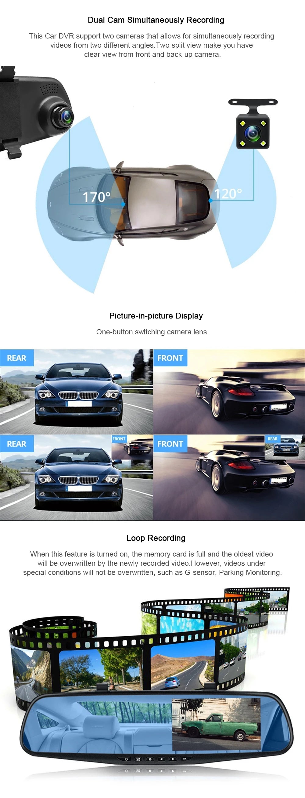 iTEQ 4.3 Inch Full HD 1080P Car DVR Camera Auto Rearview Mirror Digital Video Recorder Dual Lens Registratory Camcorder Night Vision Dash Cam