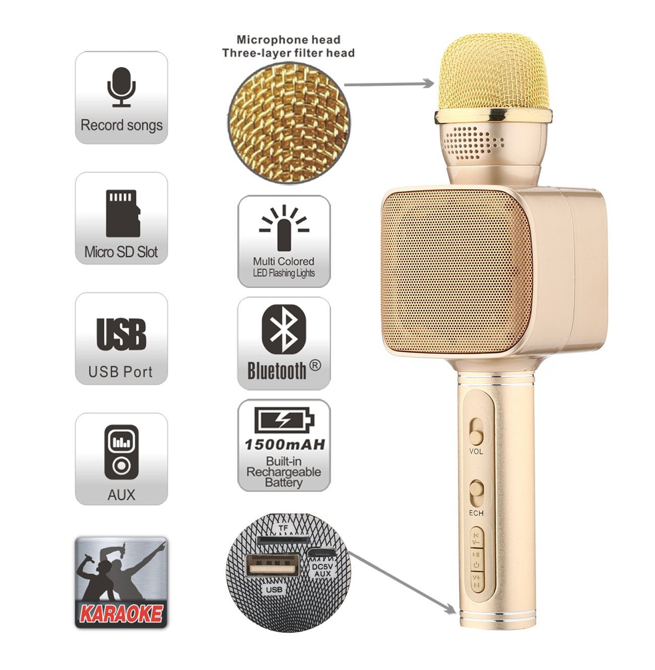 TEQ Microphone Speaker Bluetooth Karaoke For Phone Youtube TV + SD