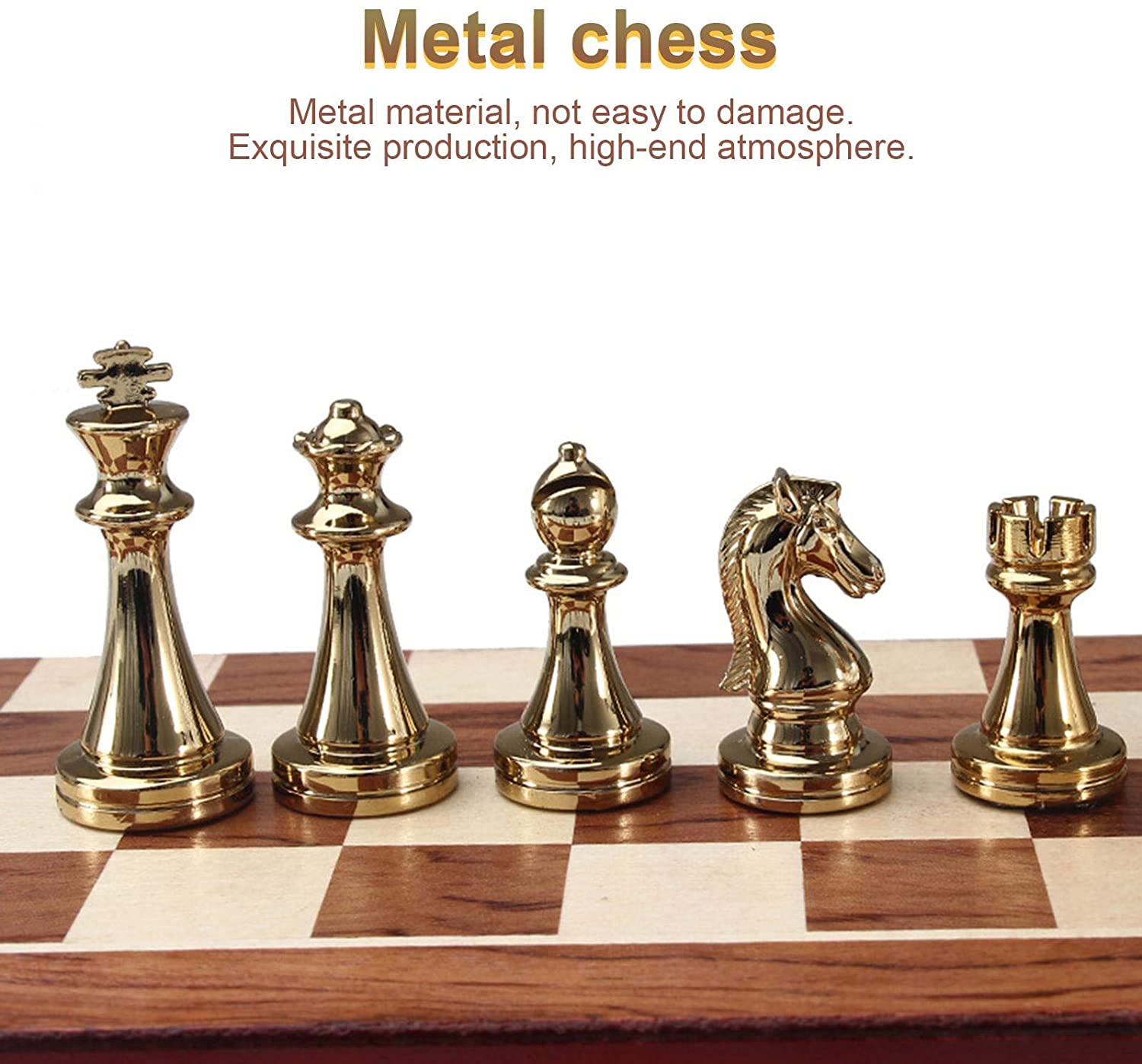 Metal Chess Set High-grade Gift Travel International Chess Game Folding Wooden Mold Chessboard Kirsite Chess Pieces Chessman -Gold Silver