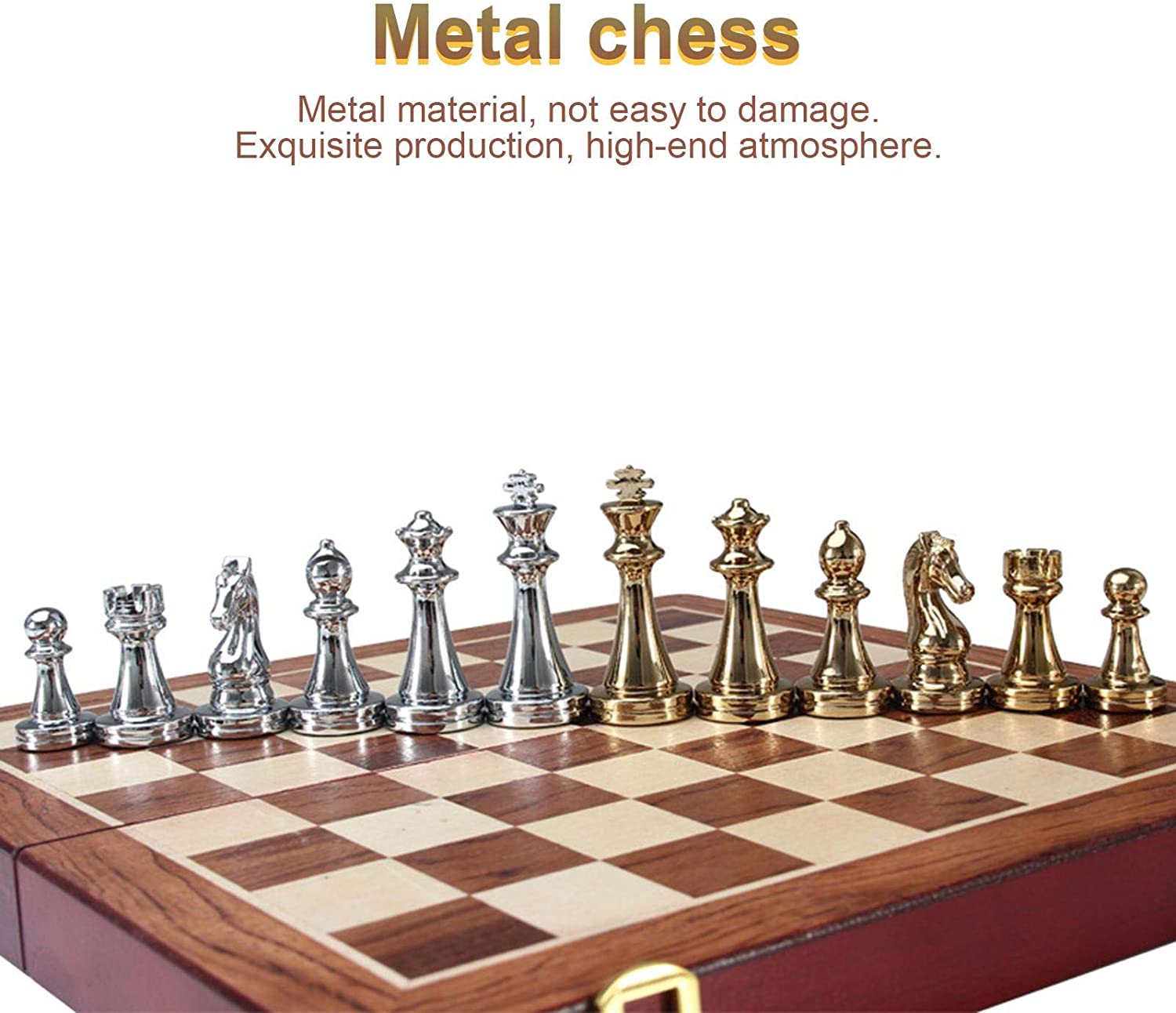 Metal Chess Set High-grade Gift Travel International Chess Game Folding Wooden Mold Chessboard Kirsite Chess Pieces Chessman -Gold Silver