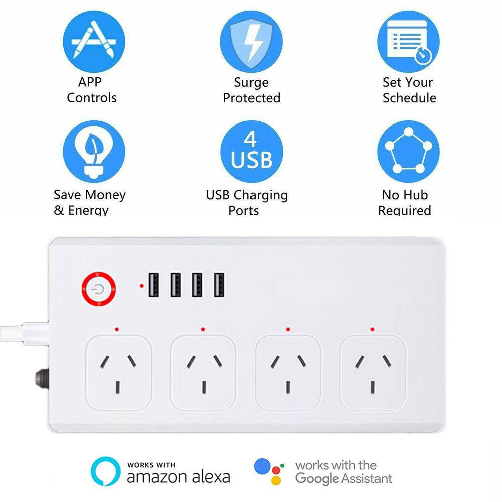 Tuya Smart Power Strip with 4 Outlets 4USB Ports,Australia Smart Power Bar Multiple Outlet Extension work with Alexa and Google