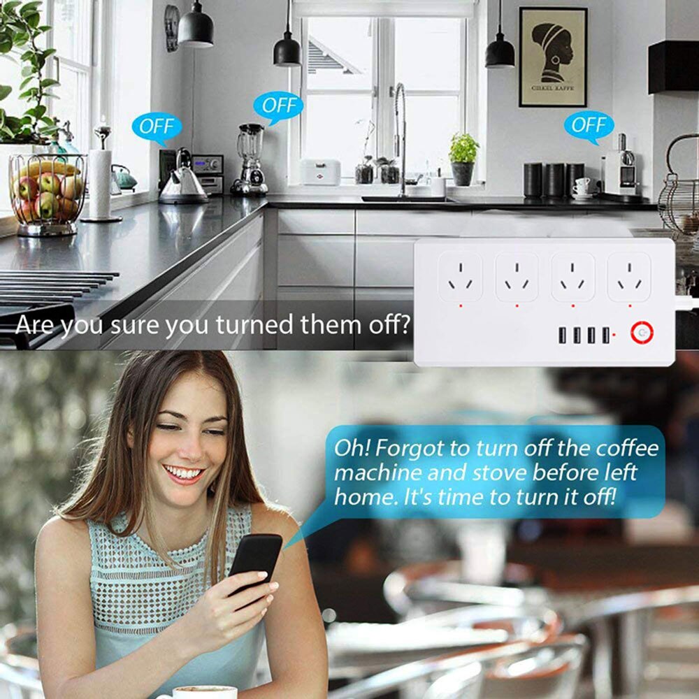 Tuya Smart Power Strip with 4 Outlets 4USB Ports,Australia Smart Power Bar Multiple Outlet Extension work with Alexa and Google