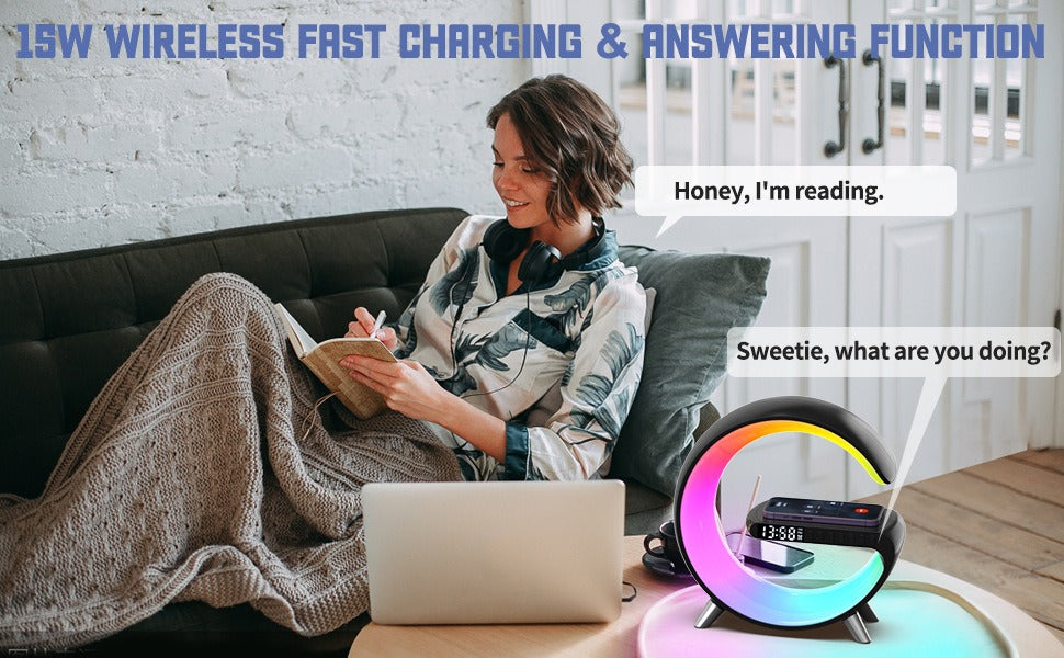 15W Wireless Fast Charger Smart Bluetooth Speaker with Alarm Clock LED Lamp 5in1