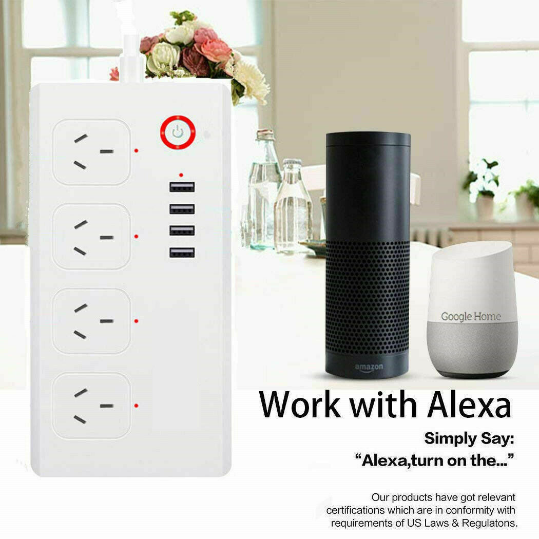 Tuya Smart Power Strip with 4 Outlets 4USB Ports,Australia Smart Power Bar Multiple Outlet Extension work with Alexa and Google