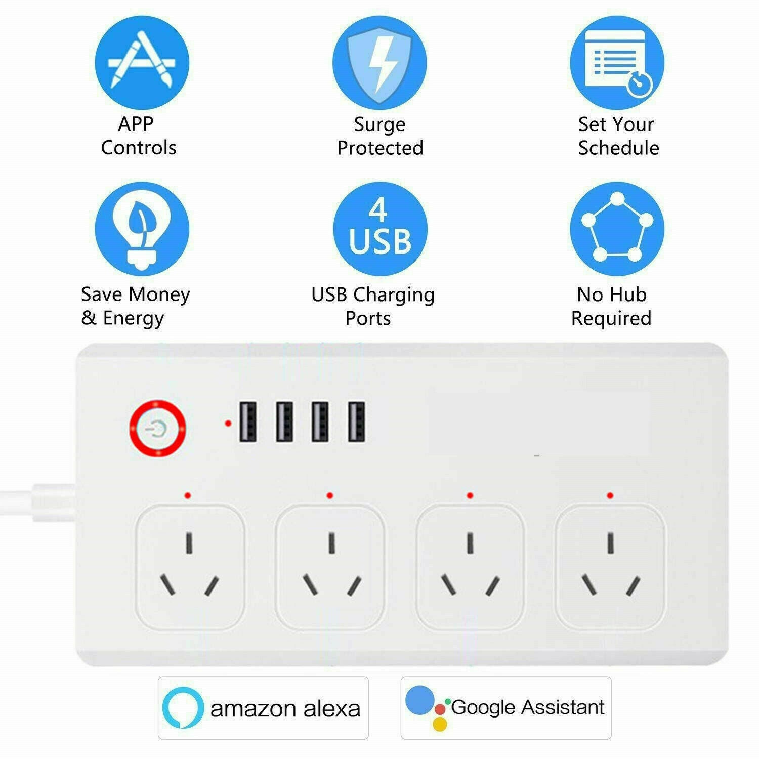 Tuya Smart Power Strip with 4 Outlets 4USB Ports,Australia Smart Power Bar Multiple Outlet Extension work with Alexa and Google