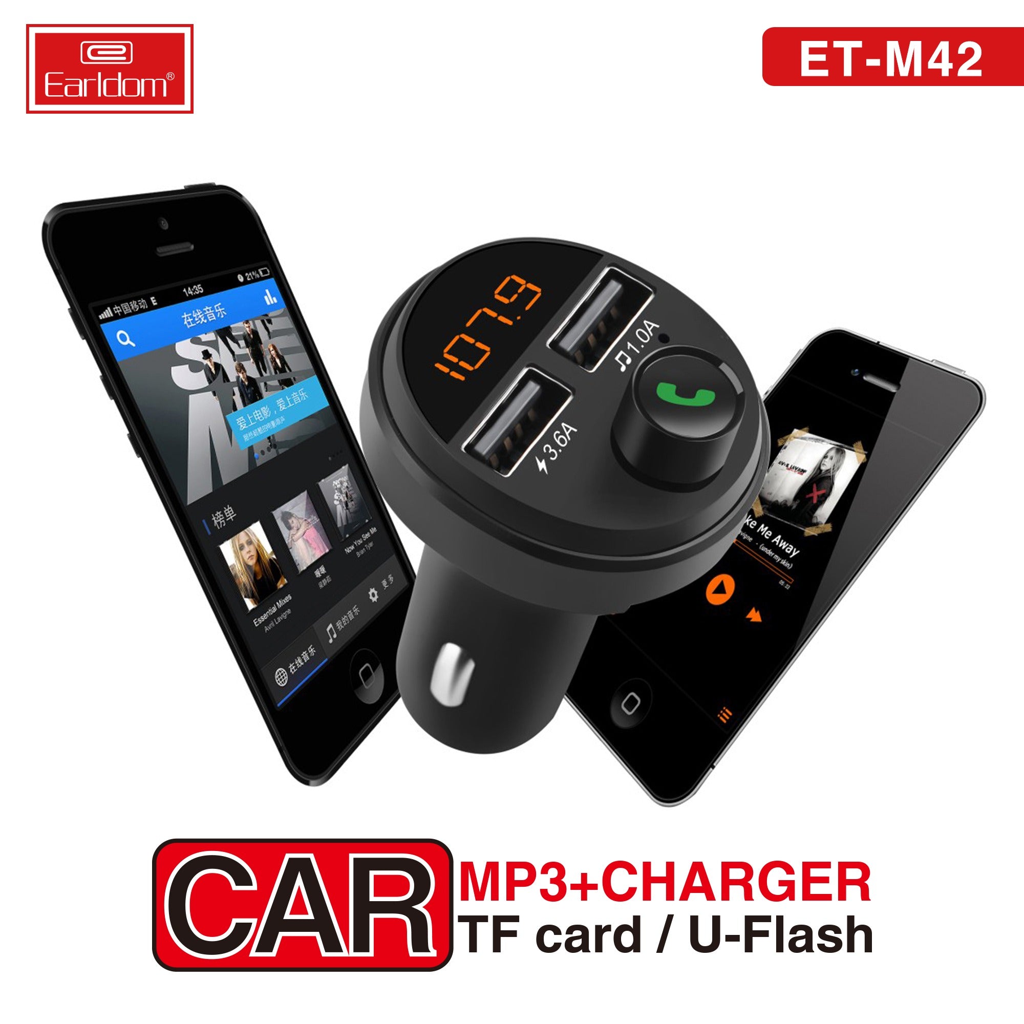 Earldom Fm Transmitter 2 Port Usb Car Charger 3.6A Dual USB Car Charger