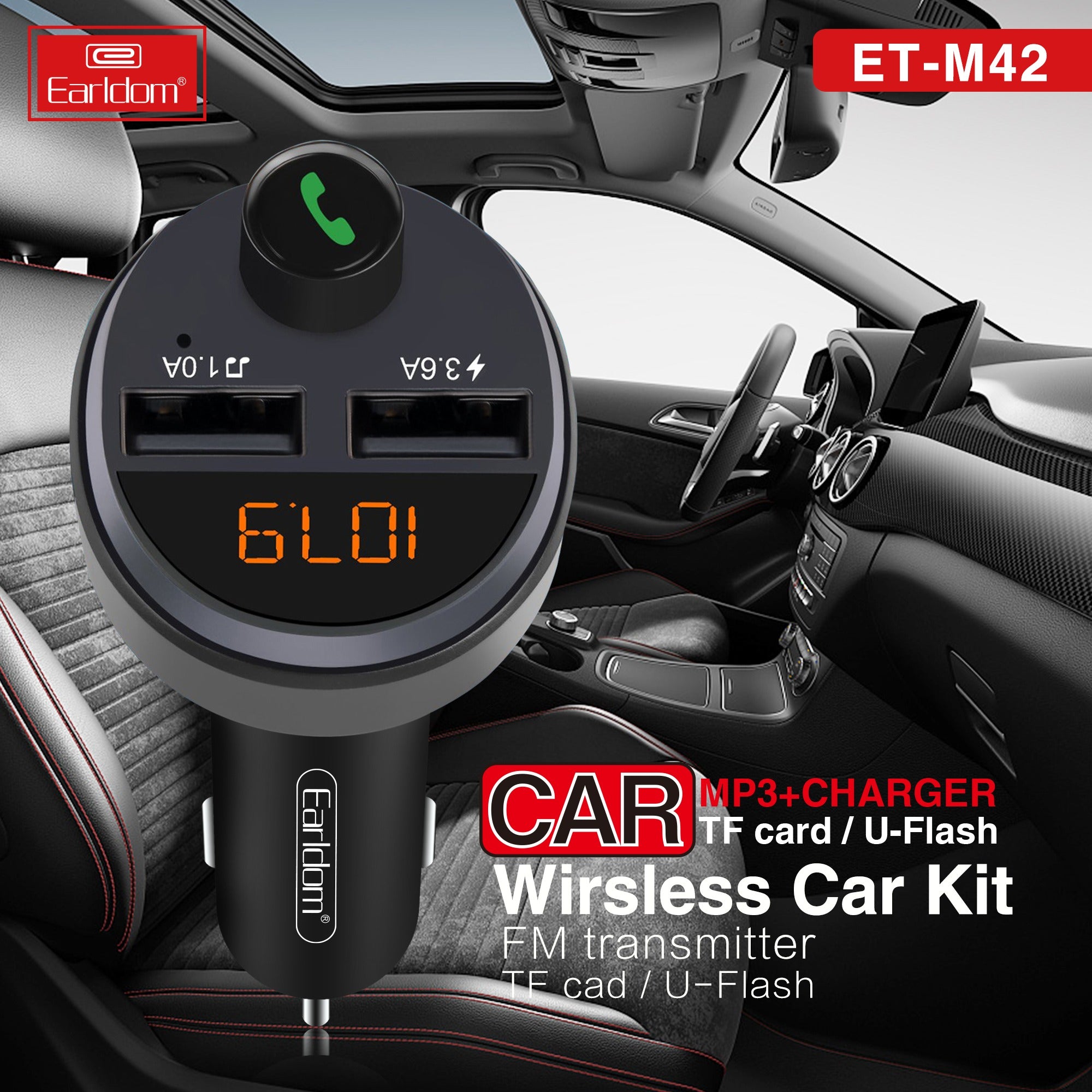 Earldom Fm Transmitter 2 Port Usb Car Charger 3.6A Dual USB Car Charger