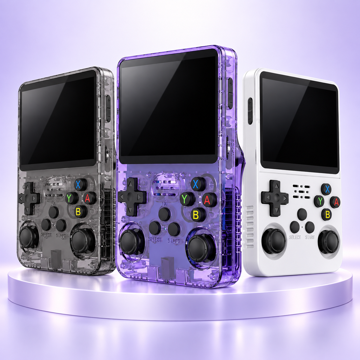 R36S portable handheld console colour range in black purple and white