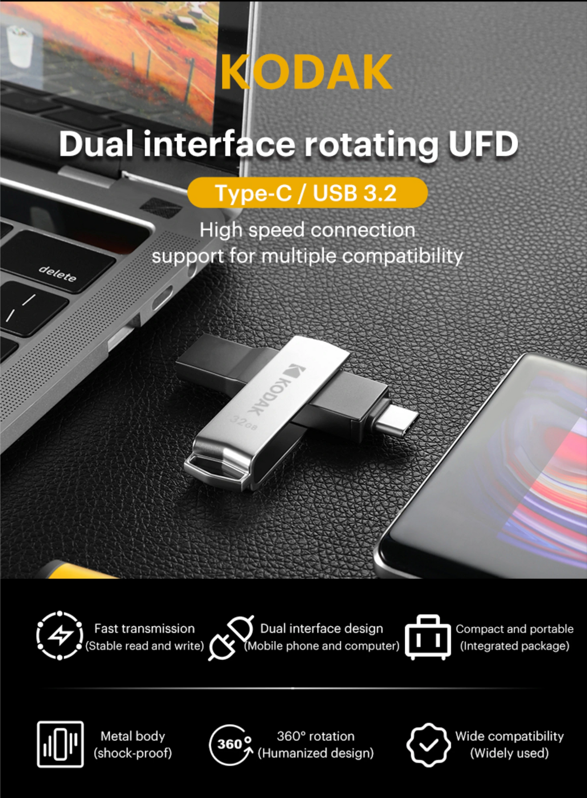Kodak K273 128GB dual flash drive view 2
