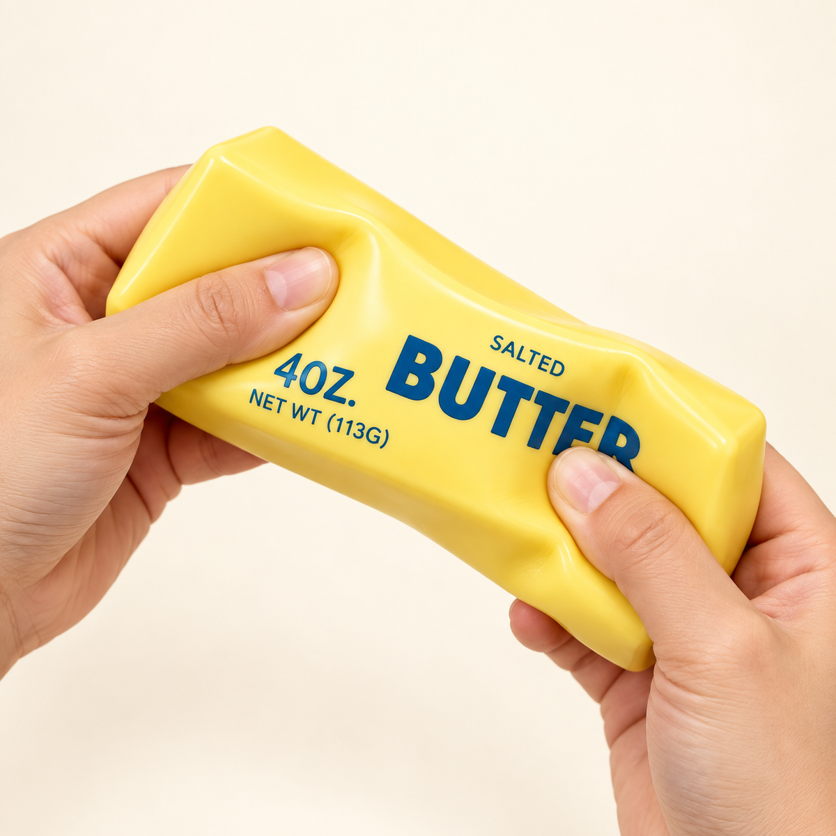 Hands gently squeezing the Salted Butter crunchy toy