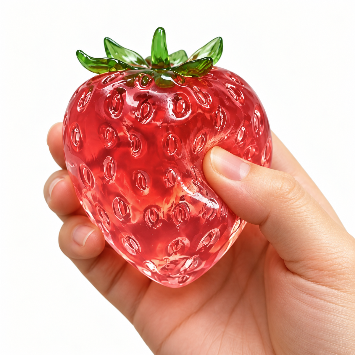 Hand gently squeezing a transparent strawberry gel toy