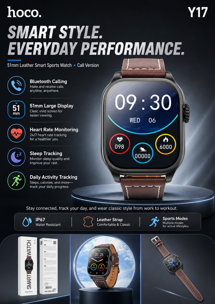 Hoco Y17 51mm Leather Smart Sports Watch Call Version - Black