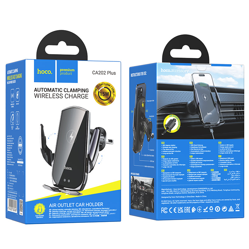 Hoco CA202 Plus Enlightener infrared induction wireless charging car holder(air outlet) - Black