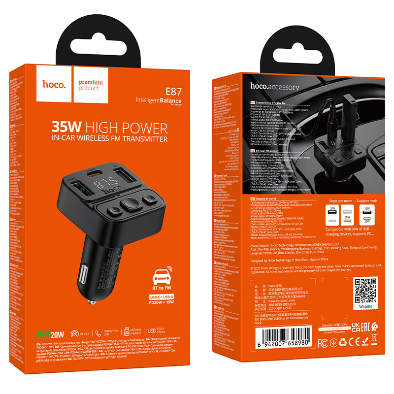 Hoco E87 Alegria 48W dual port PD30W QC3.0 car Bluetooth FM transmitter - Black