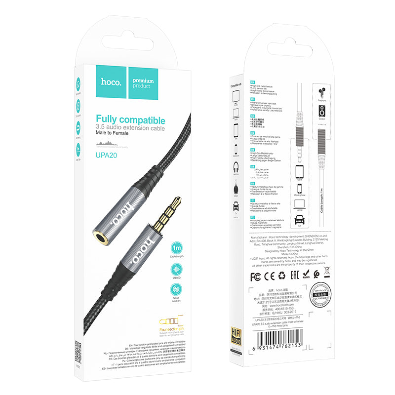 Hoco UPA20 3.5 audio extension cable male to female(L=1M) - metal grey