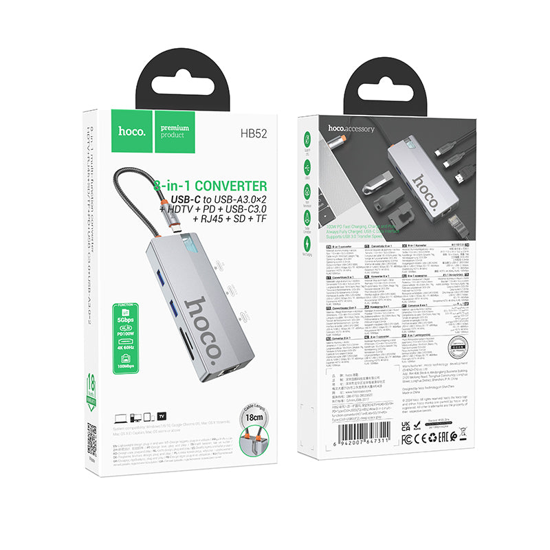 Hoco HB52 8-in-1 multi-function converter HDMI RJ45 SD TF PD Type-C3.0 USB3.0 2 - deep space gray