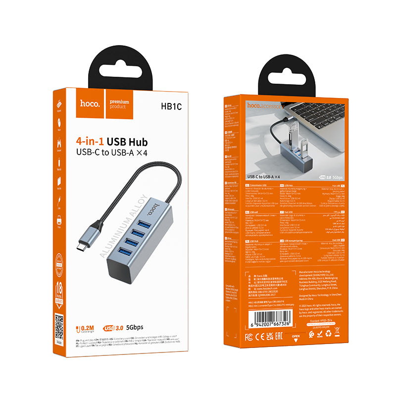 Hoco HB1C 4-in-1 converter(USB-C to USB3.0*4) - Metal gray