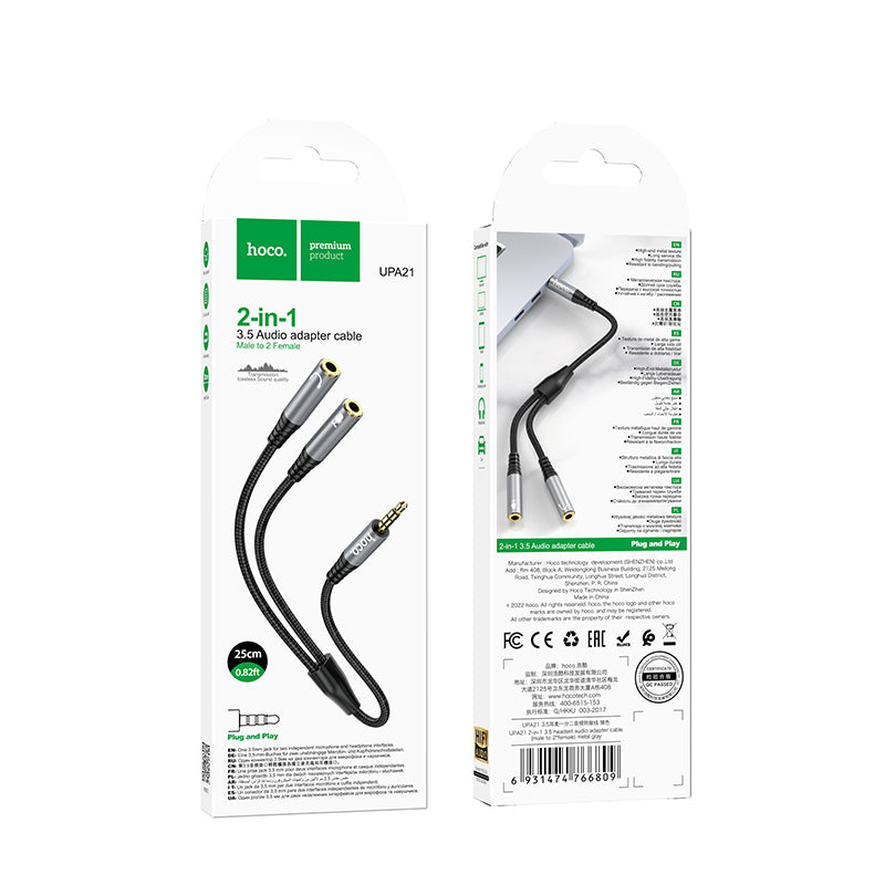 Hoco UPA21 2-in-1 3.5 headset audio adapter cable(male to 2 female) - Black