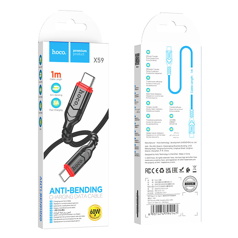 Hoco X59 100cm USB-C To USB-C Victory 60W charging data cable - Black