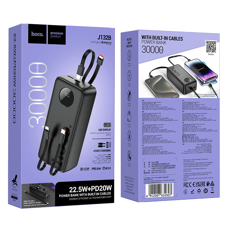 Hoco J132B CCC Sabio 22.5W PD20W fully compatible power bank with 3 cables 30000mAh - Black