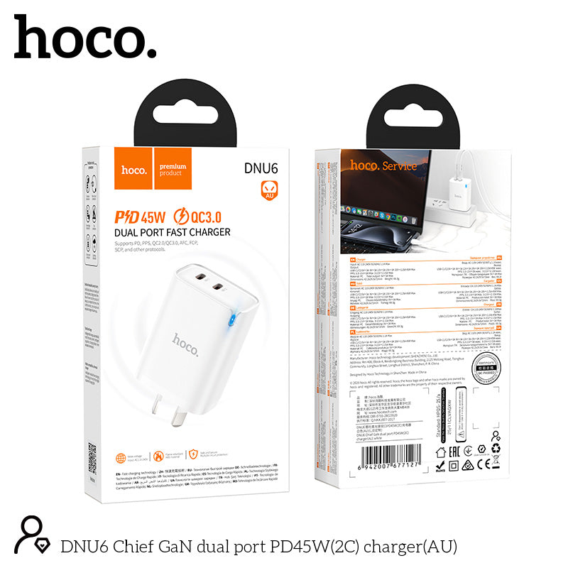 Hoco DNU6 Chief GaN dual port PD45W(2C) charger(AU) With Smart IC - White