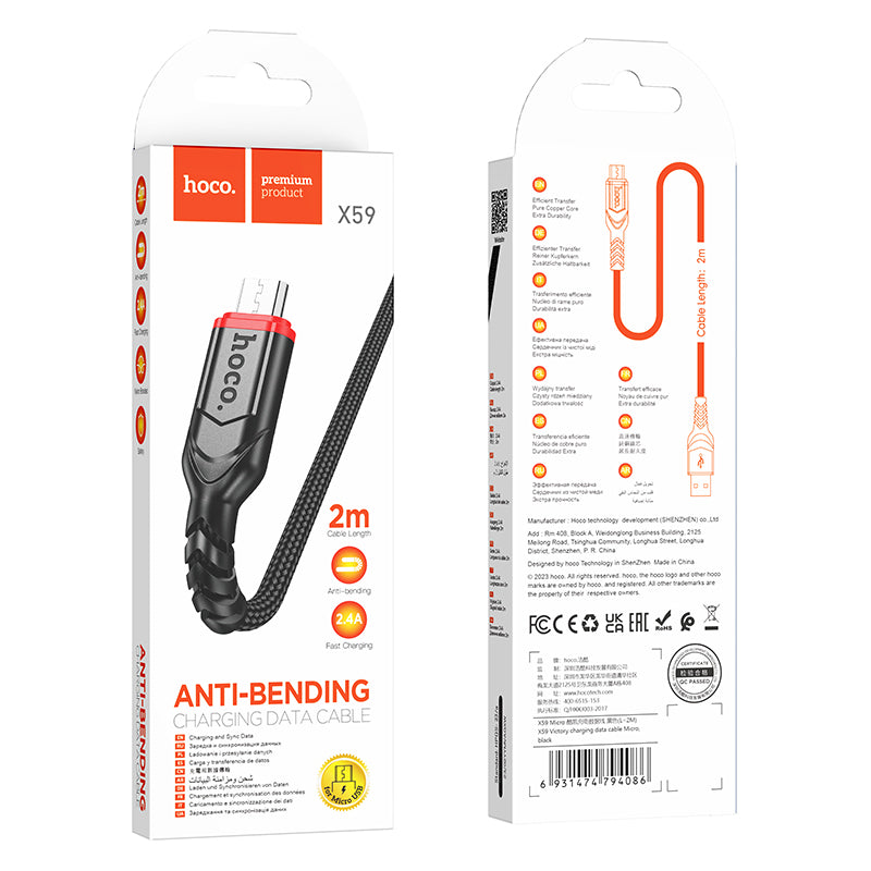 Hoco X59 200cm USB-A To Micro USB Victory charging data cable for Micro - Black
