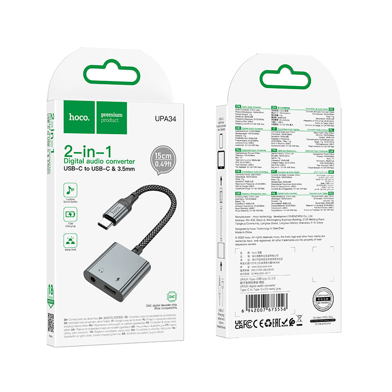 Hoco UPA34 Converter Adapter USB-C Male to USB-C Female and 3.5mm - Metal gray