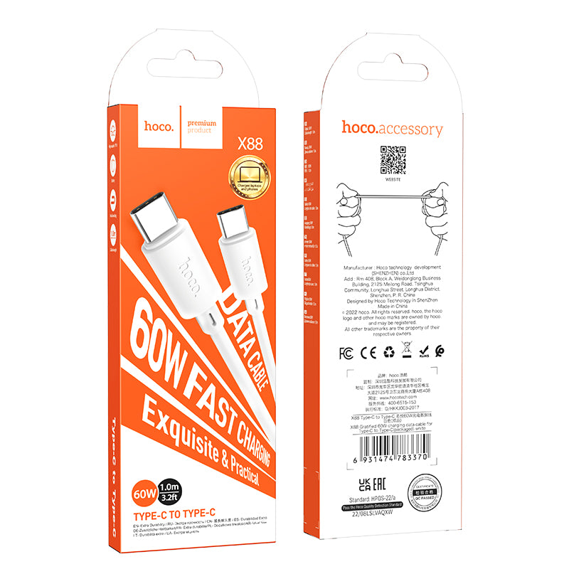 Hoco X88 Gratified 60W charging data cable for USB-C to USB-C packaged - White