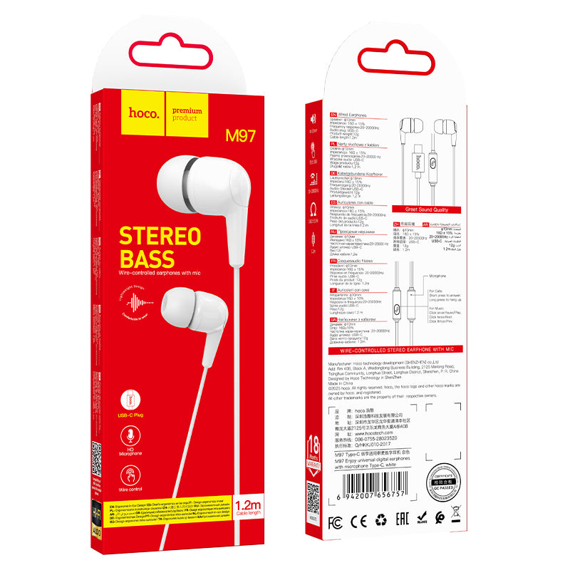 Hoco M97 Enjoy universal digital earphones with microphone USB-C - White
