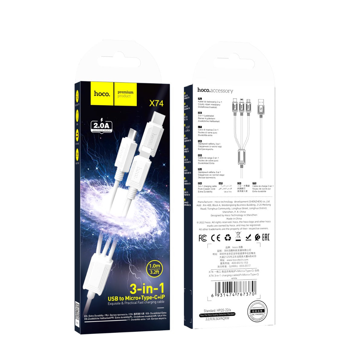 Hoco X74 3-in-1 charging cable iP Micro USB-C - White