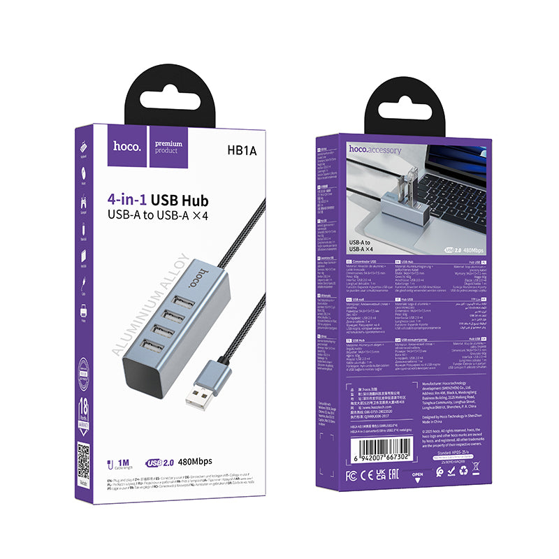 Hoco HB1A 4-in-1 converter(USB to USB2.0*4) - Metal gray