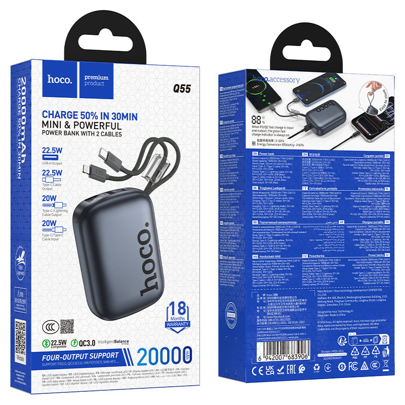 Hoco Q55 CCC 20000mAh Rock 22.5W+PD20W power bank with 2 cables - metal gray