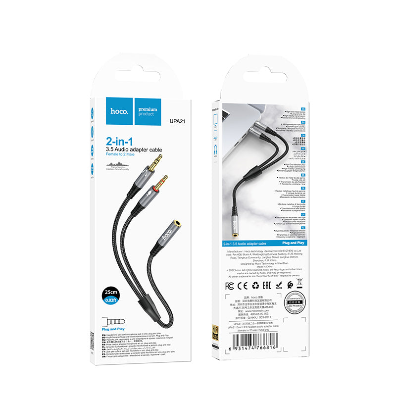 Hoco UPA21 2-in-1 3.5 headset audio adapter cable(female to 2*male) - Black