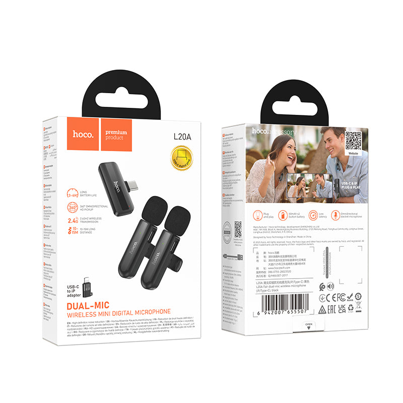 Hoco L20A Fair dual-mic wireless microphone(iP/Type-C) - Black