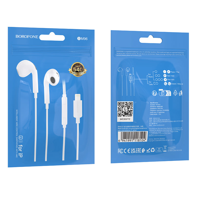 BOROFONE BM96 Lightning Wired Earphones with Microphone - White