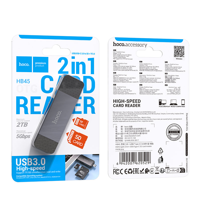 Hoco HB45 Spirit 2-in-1 USB/USB-C 3.0 card reader - metal gray