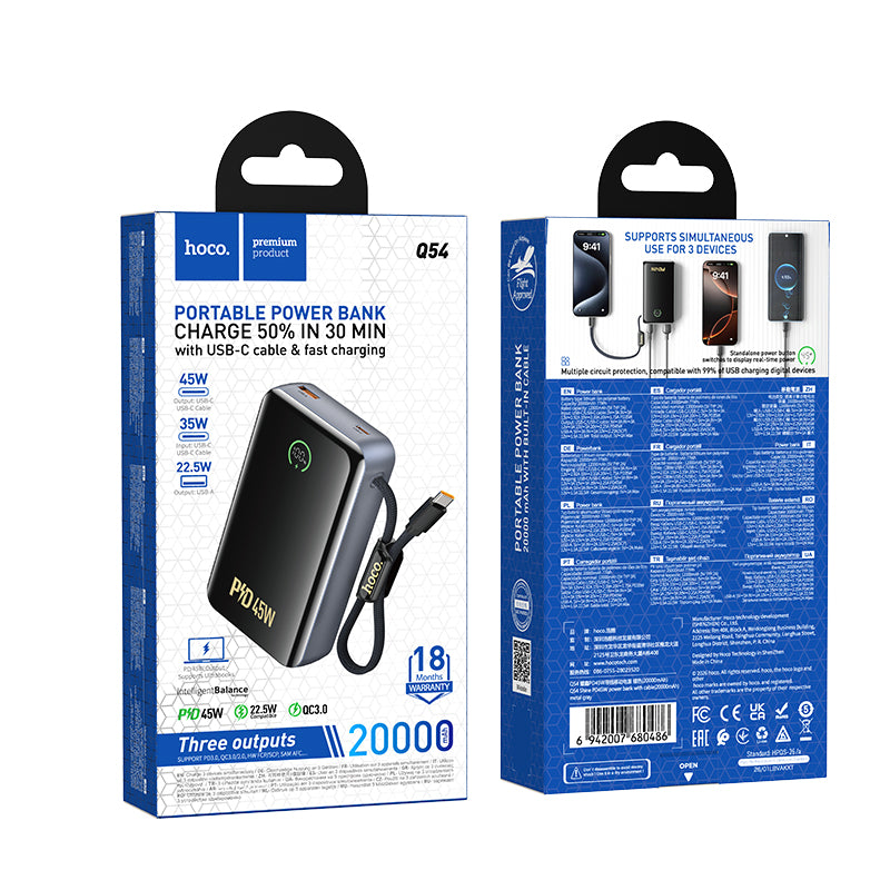 Hoco Q54 PD45W 20000mAh Shine power bank with cable - Black