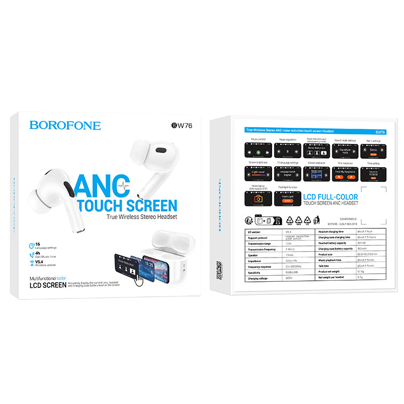 BOROFONE BW76 ANC Touchscreen True Wireless Earbuds - White