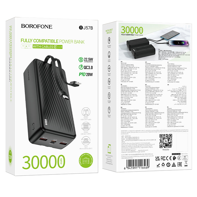 BOROFONE BJ57B 30000mAh 22.5W PD20W Power Bank with Cable - Black