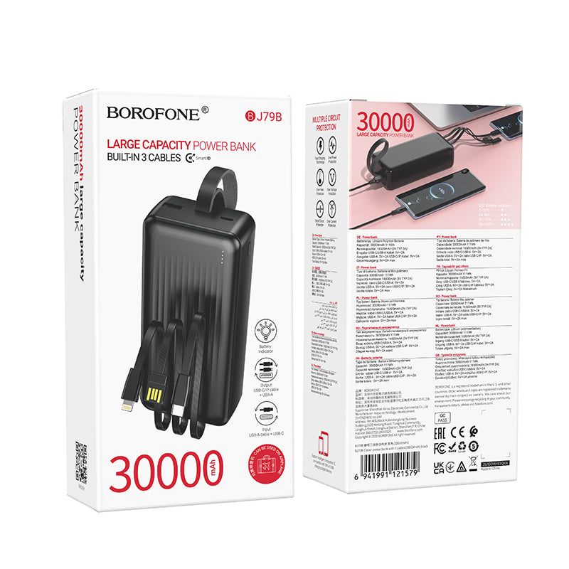 BOROFONE BJ79B 30000mAh Power Bank with 3 Built-In Cables - Black