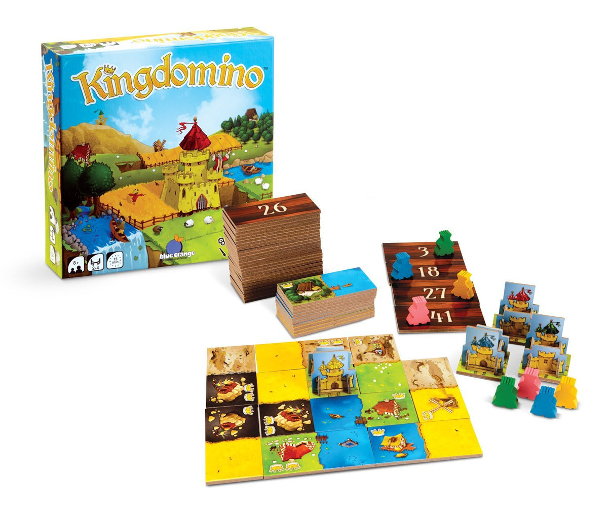 Kingdomino game setup with castles tiles and king tokens