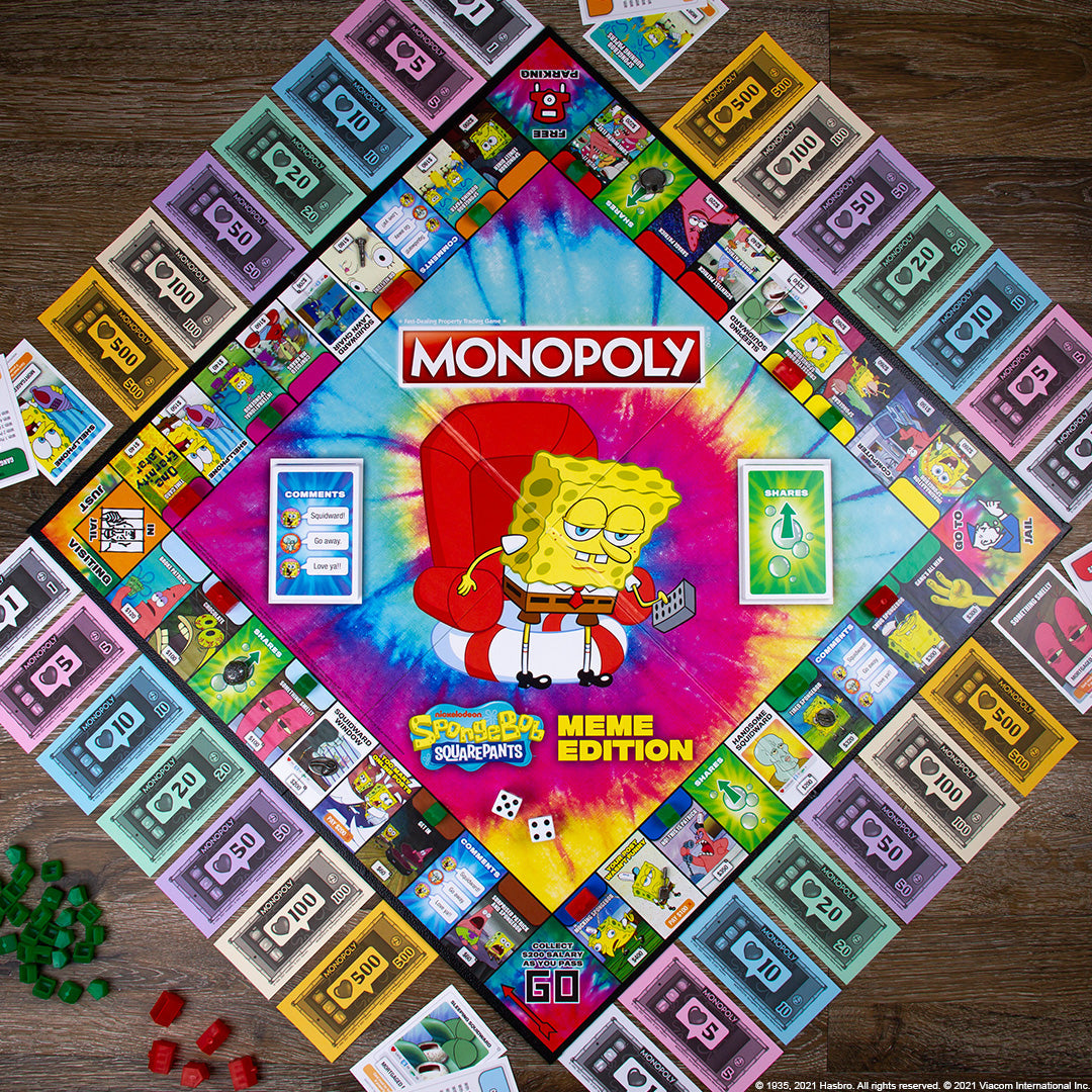 SpongeBob Meme Edition MONOPOLY board, money and cards set up