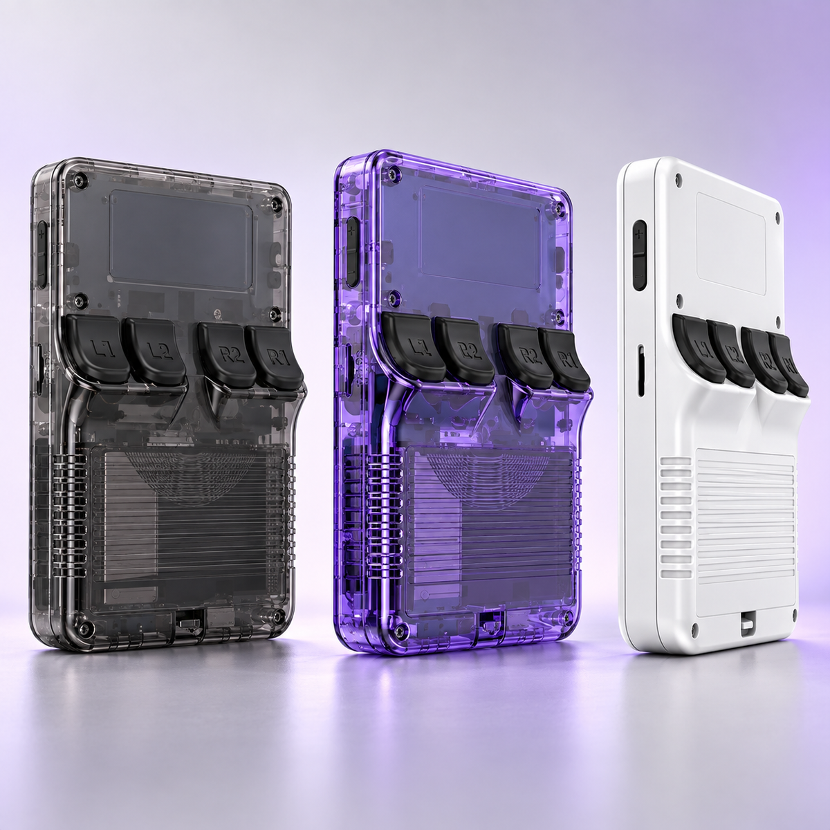 R36S handheld rear shell shoulder controls and ventilation details